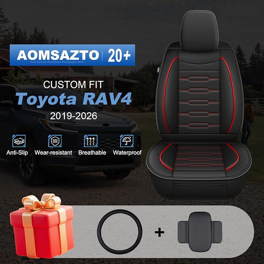AOMSAZTO RAV4 Front Car Leather Seat Covers Custom Fit for Toyota RAV4 2019 2020 2021 2022 2023 2024 2025 LE,XLE,XLE Premium,Limited with Interior Accessories(2 Seats,Black&Redline)