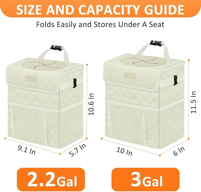 Vankor White Car Trash Can Cute, White Car Accessories for Women Waterproof Automotive Garbage Cans Leak Proof Vehicle Trash Can Diamond Pattern-Beige