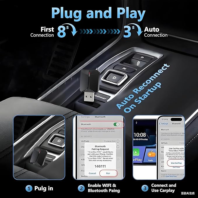 Mini Wireless CarPlay Adapter, Upgrade Wired CarPlay to Wireless for Cars with Built-in Wired CarPlay & Android Auto, Plug and Play Easy Use Fast Stable Connection for iPhone & Android