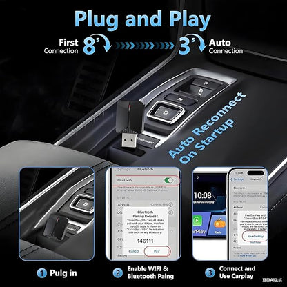 Mini Wireless CarPlay Adapter, Upgrade Wired CarPlay to Wireless for Cars with Built-in Wired CarPlay & Android Auto, Plug and Play Easy Use Fast Stable Connection for iPhone & Android