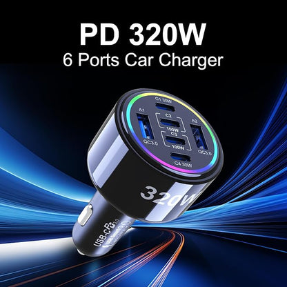 320W USB C Car Charger, 6 Ports Type C Car Charger, PD3.0/QC4.0/PPS Super Fast Charging for iPhone 17/16/15 Series, Galaxy S25/S24/23, iPad, MacBook Pro/Air, Laptop (Black)