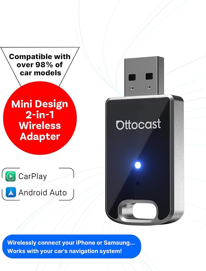 OTTOCAST Mini Edge, 2 in 1 Wireless Carplay Adapter & Wireless Android Auto Adapter for Apple iPhone Samsung or other AndroidPhone, USB Bluetooth Car Accessories for OEM Wired Carplay/Android Auto Car