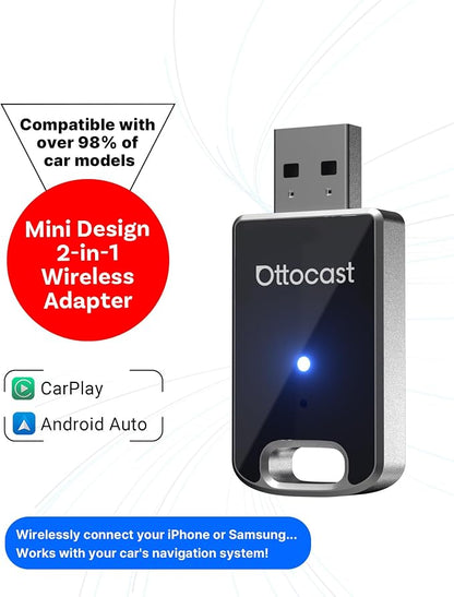 OTTOCAST Mini Edge, 2 in 1 Wireless Carplay Adapter & Wireless Android Auto Adapter for Apple iPhone Samsung or other AndroidPhone, USB Bluetooth Car Accessories for OEM Wired Carplay/Android Auto Car