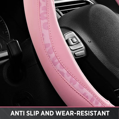 Road Comforts Steering Wheel Cover - Made with PVC Leather and Leopard Fabric - Universal 14 1/2 inches to 15 inches for Most Automotive Steering Wheel - Cheetah Print - All Pink