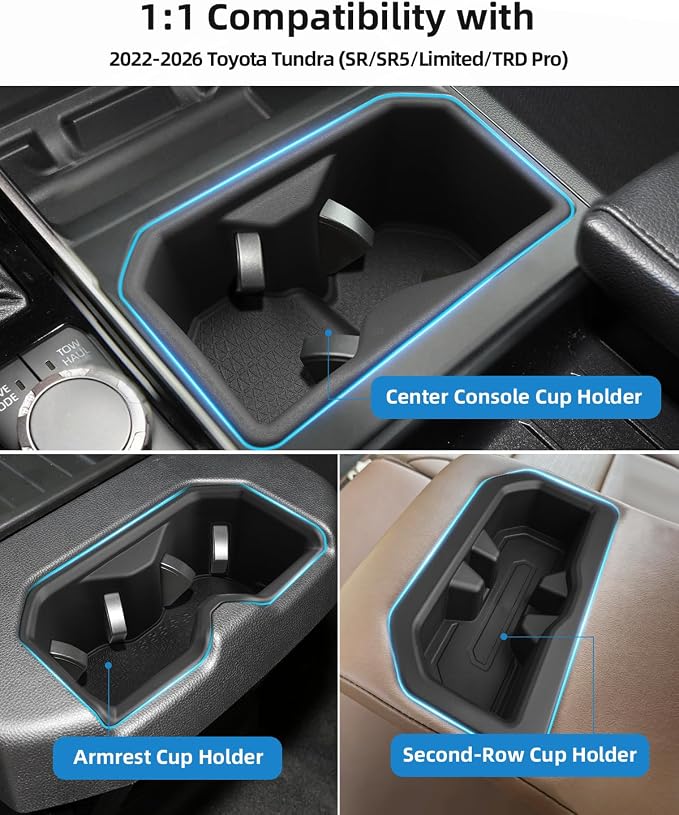 TPE Central Control Cup Holder Insert for 2022-2026 Toyota Tundra(SR/SR5/Limited/TRD Pro), 2024 2025 2026 Toyota Tundra Interior Accessories