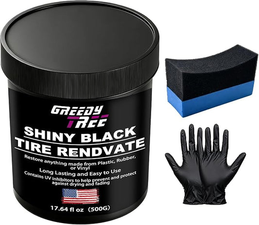 Shiny Black Tire Renovator, The Perfect Deep Black Shine - Long Lasting Car Tire Dressing - No Sling & Dry to Touch, 17.64 Oz Kit with Applicator and waxing Gloves