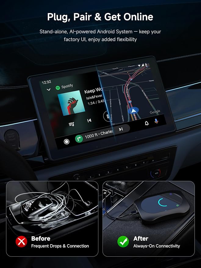 Wireless CarPlay & Android Auto Adapter, Supports for Netflix/YouTube, AI Box Carplay, Drivechat with AI Skills, Dual WiFi, Bluetooth, Fits for OEM Wired CarPlay Cars