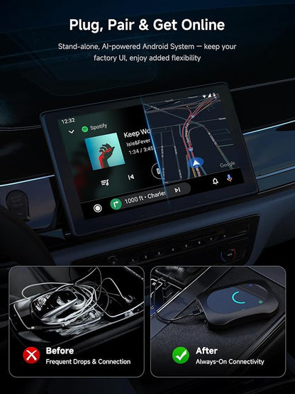 Wireless CarPlay & Android Auto Adapter, Supports for Netflix/YouTube, AI Box Carplay, Drivechat with AI Skills, Dual WiFi, Bluetooth, Fits for OEM Wired CarPlay Cars
