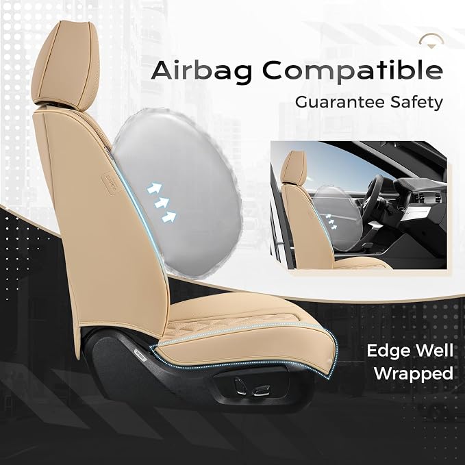 Coverado Leather Seat Covers, Car Seat Cover Full Set, 5 Seats Beige Seat Covers, Automotive Seat Covers Waterproof Car Seat Cushion Protectors Universal Seat Cover Fit for Most Cars Trucks SUV