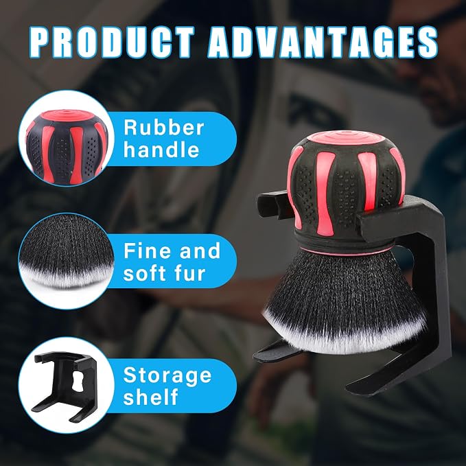 Ziciner Ultra Soft Detailing Brushes, Car XL Synthetic Brush Comes with Storage Rack, Auto Interior Dusting Brush Cleaning Tool Covers Large Area Inside or Outside Vehicles (Red)