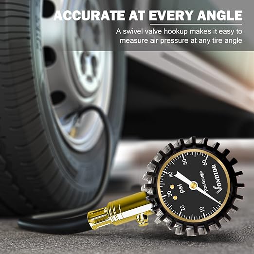 Vondior Tire Pressure Gauge with Tube (0-60 PSI), Air Pressure Gauge Certified ANSI Accurate with Large Easy to Read Glow Dial, Tire Pressure Gauge for Car Trucks Bicycle Tires