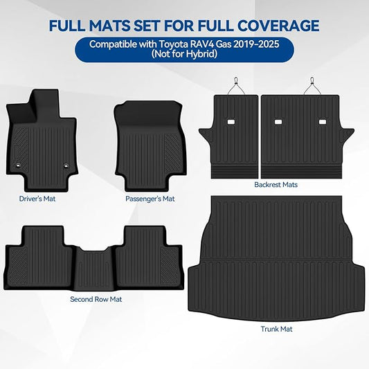 Custom Fit Floor Mats for Toyota RAV4 Gas 2019-2025(Not for Hybrid), All Weather TPE Floor Liners with Trunk Mat & Backrest Protectors, Odorless Full Set Interior Accessories