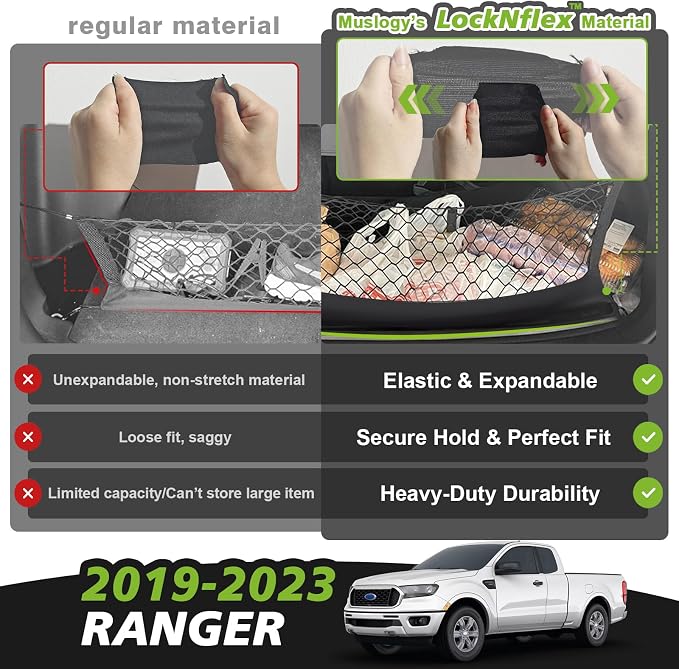 Muslogy Truck Bed Cargo Net Trunk Netting Compatible with Ford Ranger 2019-2023 Accessories, Pickup Cargo Organizer SUV Sedan Storage Net w/Heavy Duty Carabiners