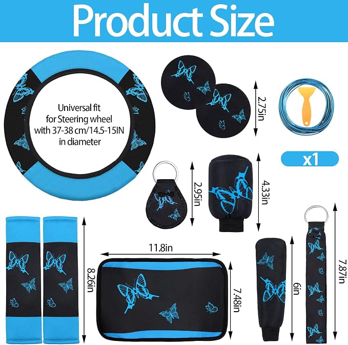 BBTO 43 Pcs Butterfly Car Seat Full Set Butterfly Car Accessories for Women 5 Front Rear Seat Covers Wrist Strap 2 Pcs Cup Mat Armrest Pad 2 Belt Xmas Cover Accessories for SUV(Light Blue, Black)