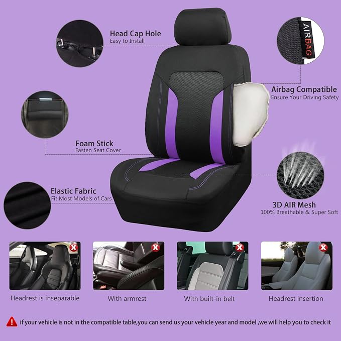 CAR PASS 3D Air Mesh Car Seat Covers Full Set, Breathable Sporty Rear Bench With Zipper for Armrest Box Universal Fit 95% Automotive SUV,Truck,Sedan Interior Cute Women Airbag Compatible, Black Purple