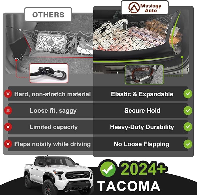 Muslogy Truck Bed Cargo Net Trunk Netting Compatible with 2024 2025 2026 Toyota Tacoma Accessories, Pickup Cargo Organizer SUV Sedan Storage Net w/Heavy Duty Carabiners