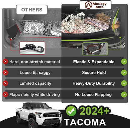 Muslogy Truck Bed Cargo Net Trunk Netting Compatible with 2024 2025 2026 Toyota Tacoma Accessories, Pickup Cargo Organizer SUV Sedan Storage Net w/Heavy Duty Carabiners