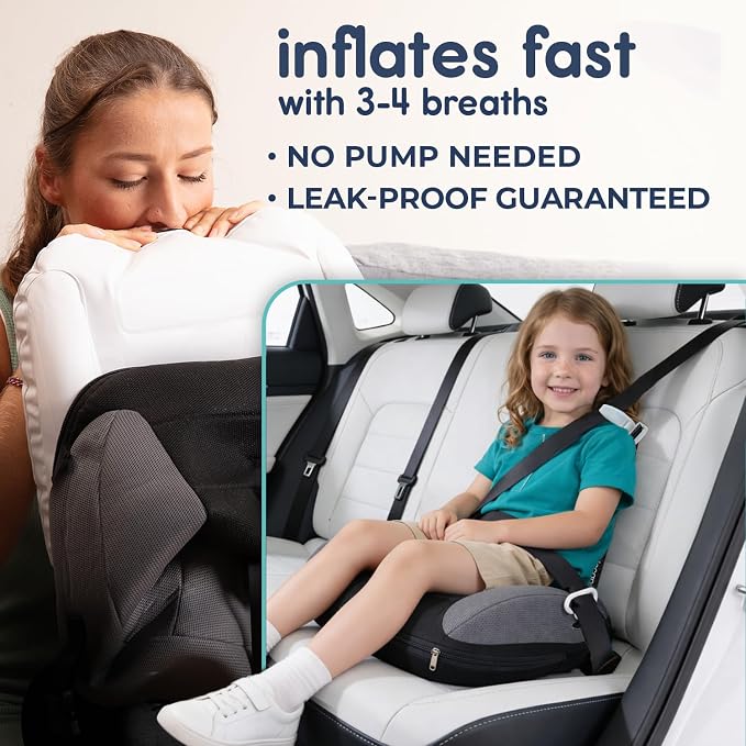 Hiccapop UberBoost Inflatable Backless Booster Seat for Kids, Portable Travel Car Seat | Classic Graphite Black