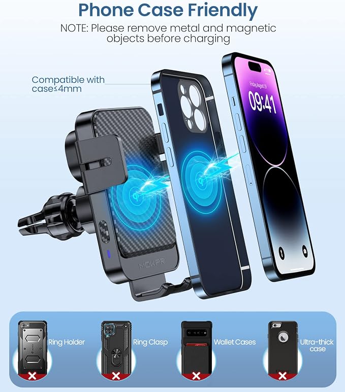 Wireless Car Charger, MOKPR 15W Fast Charging Auto-Clamping Car Mount Universal Hands-Free Car Charger Mount for Dash Windshield Air Vent Compatible with iPhone 16 15/14/13/12, Samsung S23/S22/S21,etc