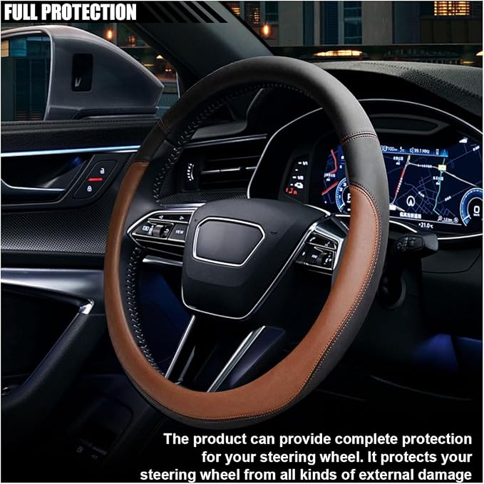 LAINLOY 14.5"-15" Car Steering Wheel Cover, Microfiber Leather Cover, Anti-Slip Breathable Steering Wheel Decoration, Universal Steering Wheel Accessories for Diverse Cars (Coffee)