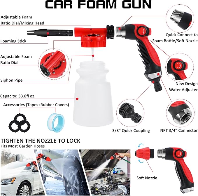 35Pcs Car Wash Detailing Kit Cleaning Kits with Foam Gun Sprayer Collapsible Bucket Brush Large Wash Mitt Towels Complete Interior Exterior Car Washing Supply Set Black