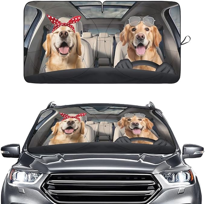 GENANY Cute Golden Dog Couple Funny Windshield Sun Shade for Car SUV Truck (55x29 Inches), Automobile Sunshade, Protector Blocks UV, Car Accessories, Auto Decor