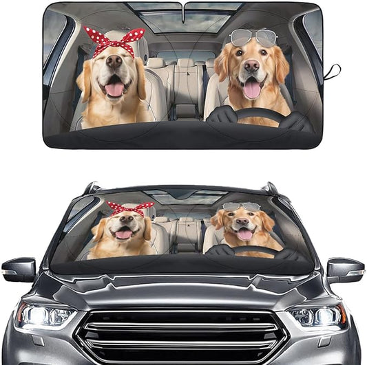 GENANY Cute Golden Dog Couple Funny Windshield Sun Shade for Car SUV Truck (55x29 Inches), Automobile Sunshade, Protector Blocks UV, Car Accessories, Auto Decor