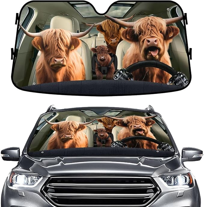 GENANY Cute Highland Cow Windshield Sun Shade for Car SUV Truck (55x30 Inches), Funny Sun Shade Windshield, Protector Blocks UV, Spring Car Decor