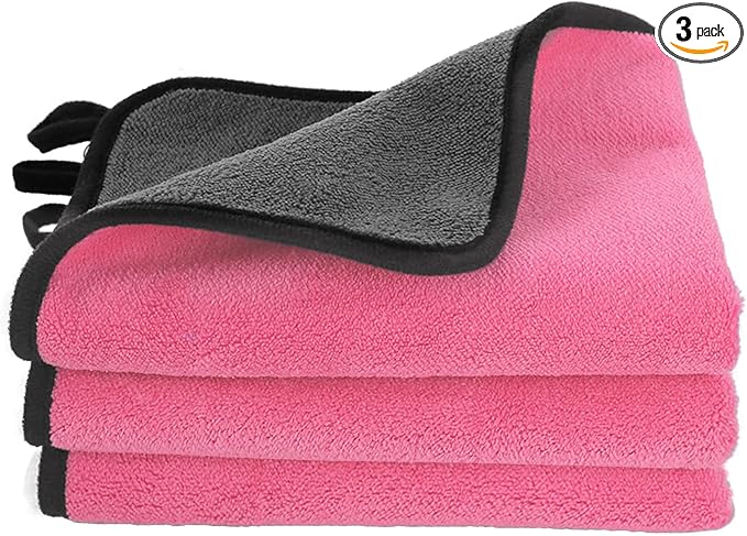 Hovom 3PCS Car Microfiber Towels, 23.62"×11.81" Lint-free Microfiber Towels for Cars Wash Drying, Super Absorbent Auto Cleaning Cloths, Reusable Washing & Detailing Towel, Car Cleaning Supplies (Pink)