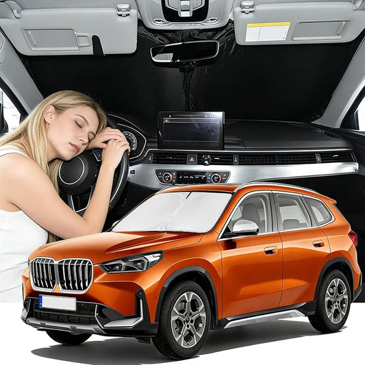 Windshield Sunshade for BMW X1 Sun Shade 2016-2022 xDrive/sDrive Car Windshield Accessories Upgrade 4 Layers Custom Fit BMW X1 Car Window Shades Blocks UV Rays 240T Keep Cool Foldable