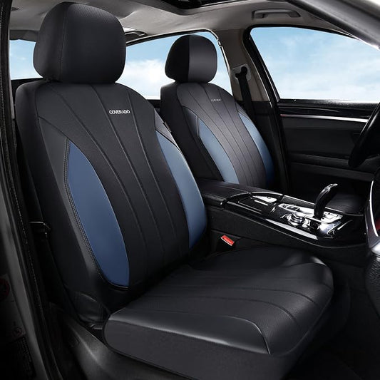 Coverado Car Seat Covers Full Set, 5 Seats Waterproof Nappa Leather Automotive Seat Protectors, Front & Rear Luxury Mesh Seat Covers, All-Weather Universal Fit for Most Cars SUVs, Trucks, Blue&Black
