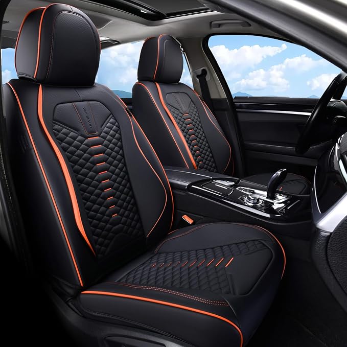 Coverado Automotive Seat Covers, Car Seat Covers Front Seats, Nappa Leather Black Orange Car Seat Cover, Waterproof Seat Cushion, 2 Pack Front Seat Covers Driver Seat Protector Fit for Most Cars SUV