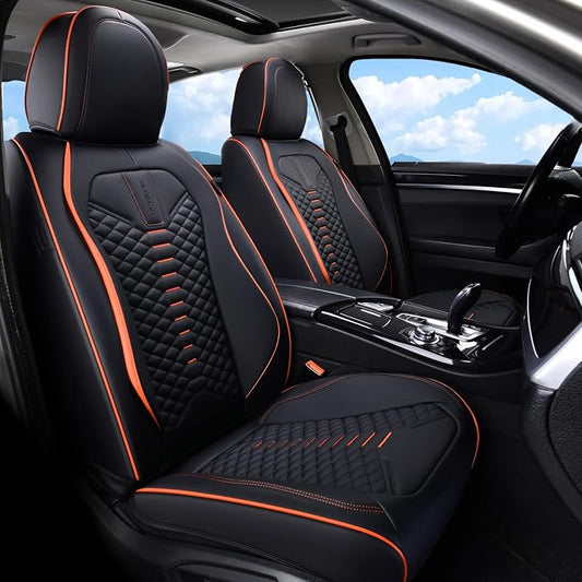 Coverado Automotive Seat Covers, Car Seat Covers Front Seats, Nappa Leather Black Orange Car Seat Cover, Waterproof Seat Cushion, 2 Pack Front Seat Covers Driver Seat Protector Fit for Most Cars SUV