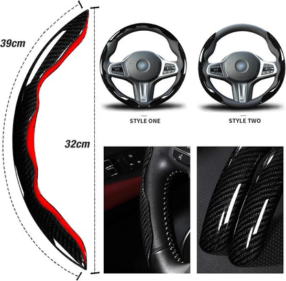 Car Steering Wheel Cover Set Bright Carbon Fiber Wrap Non-Slip 3pcs Steering Wheel Accessories 14.5-15 inch Universal (Black)