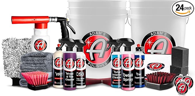 Adam's Essential Car Wash Kit (24-Item) - Auto Detailing Car Care Cleaning Kit with Foam Gun & Bucket Car & Truck Lovers, Dads, Moms and DIYers