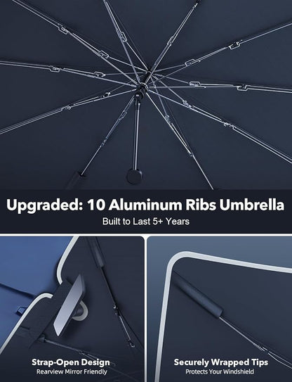 Car Windshield Sun Shade for Tesla Model 3/Y & Small Cars | Upgraded T-Cool coating blocks 99.9% UV & heat, foldable compact storage, protects dash & seats from fading