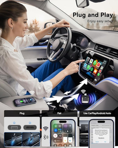 2-in-1 Wireless CarPlay Adapter USB C, Dual-Band WiFi (2.4/5GHz), BT 5.0, Wireless Android Auto Dongle, Native Dual Interface, Fast Connect for Factory Wired Cars