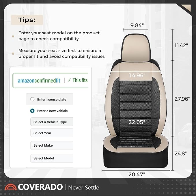 Coverado Car Seat Covers Front Seats, Luxury Leather Car Seat Covers, Automotive Mesh Seat Covers 2 Pack, Airbag-Compatible, Black Beige Seat Covers for SUV Sedan Truck