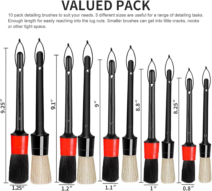 Detailing Brush Set - 10 Pcs Detail Brushes Car Detailing, Auto Boar Hair Car Detailing Kit for Cleaning Interior Exterior - Vehicles Wheels Leather Engine Dashboard