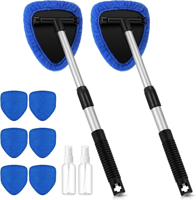 Baderke 10 Pcs Windshield Cleaner Tool Car Window Cleaning Supplies with Extendable Handle Include 6 Washable Microfiber Bonnets 2 Empty 60ml Spray Bottle Glass Wiper Kit(Royal Blue)