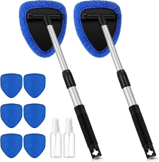 Baderke 10 Pcs Windshield Cleaner Tool Car Window Cleaning Supplies with Extendable Handle Include 6 Washable Microfiber Bonnets 2 Empty 60ml Spray Bottle Glass Wiper Kit(Royal Blue)