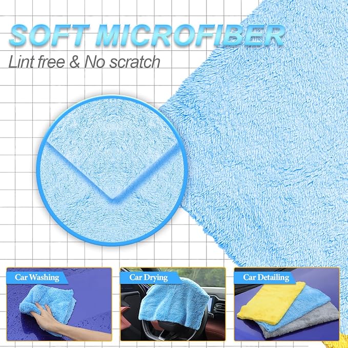 Car Wash Drying Towels, 450gsm Ultra-Thick Absorbent Lint-Free Extra Soft Microfiber Rags for Car Detailing, Interior & Exterior Cleaning Cloths, 16in x 16in - Coral Fleece, Blue+Yellow+Grey, 12 Packs