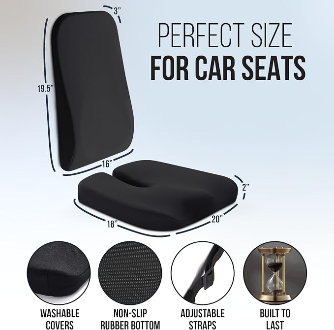 Elmara Doctor-Designed Car Seat Cushions for Driving – Car Seat Back Support, Driver Seat Cushion and Back Cushion for Car, Pillow for Driving Seat – The Ultimate Comfort Solution for Cars (Black)