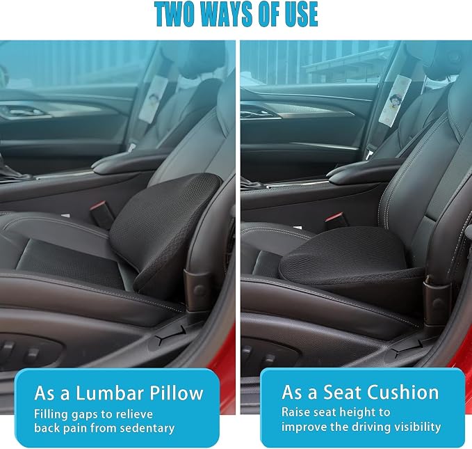2 in 1 Car Seat Cushion Lumbar Pillow - Comfort Memory Foam Seat Cushion for Driving, Office - Sciatica-Back Pain Relief, Car Cushion for Car, Truck, Office, Wheelchair (Black)