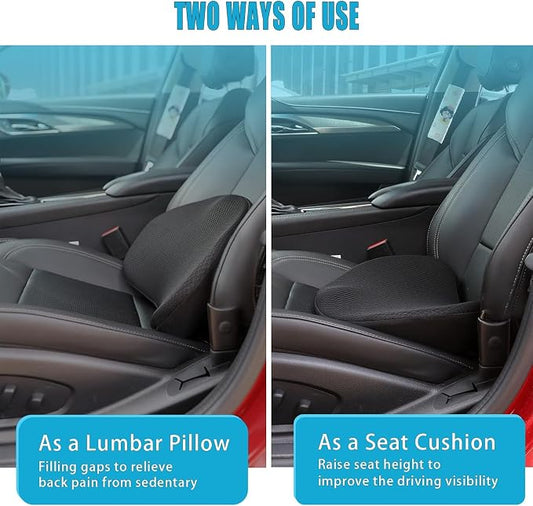 2 in 1 Car Seat Cushion Lumbar Pillow - Comfort Memory Foam Seat Cushion for Driving, Office - Sciatica-Back Pain Relief, Car Cushion for Car, Truck, Office, Wheelchair (Black)