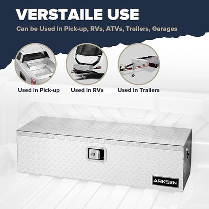 ARKSEN 39 x 13 x 10 Inch Diamond Plate Truck Bed Tool Box, Heavy Duty Waterproof Aluminum Toolboxes Storage Chest with Side Handle & Lock for Pickup Truck Bed, RV & Trailer – Silver