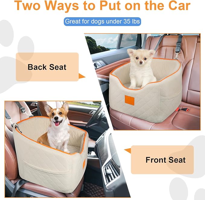XIEEAOZEE Dog Car Seat for Small Dogs, Memory Foam Booster Dog Seat for Dogs up to 35 lbs, Elevated Pet Car Seat, Travel Safety Pet Seat with Washable Removable Cover, Storage Pockets (Beige)