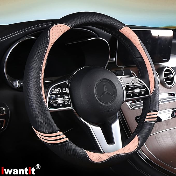Iwantit® Steering Wheel Covers with Carbon Fiber, Universal Fit 14.5-15 inches for Cars,SUV (Romantic Pink)