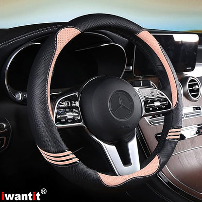Iwantit® Steering Wheel Covers with Carbon Fiber, Universal Fit 14.5-15 inches for Cars,SUV (Romantic Pink)