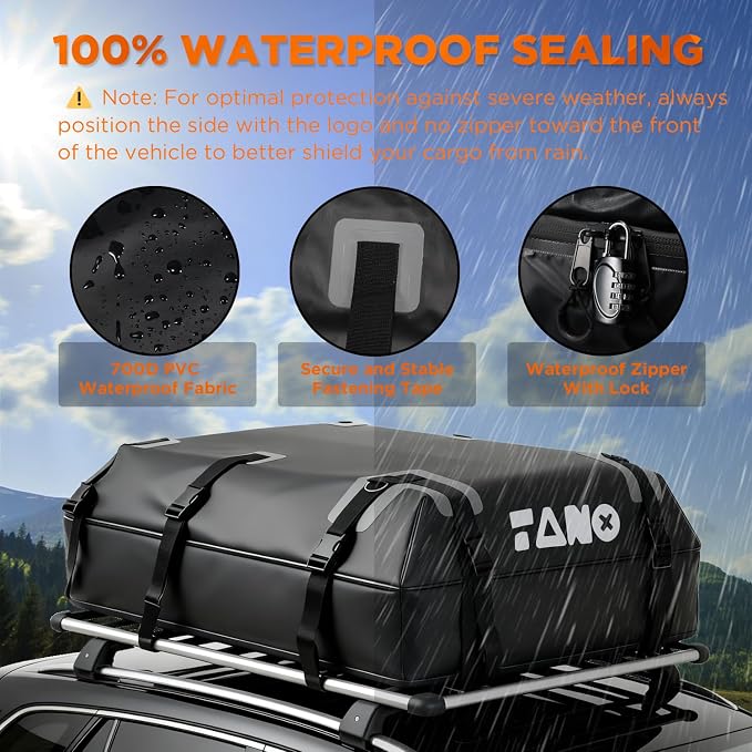 TANX Car Roof Bag - 21 Cubic Feet Rooftop Cargo Carrier, 100% Waterproof for All Cars with/Without Roof Rack, Includes Anti-Slip Mat, 12 Reinforced Straps, 6 Door Hooks, Luggage Lock & Storage Bag